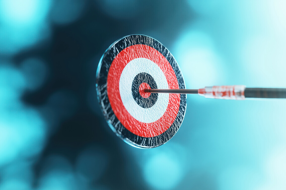 Precision targeted therapy concept illustrated by dart hitting bullseye of target. Personalized medicine approach in, cancer treatment. Molecular drug delivery system. Modern healthcare innovation.