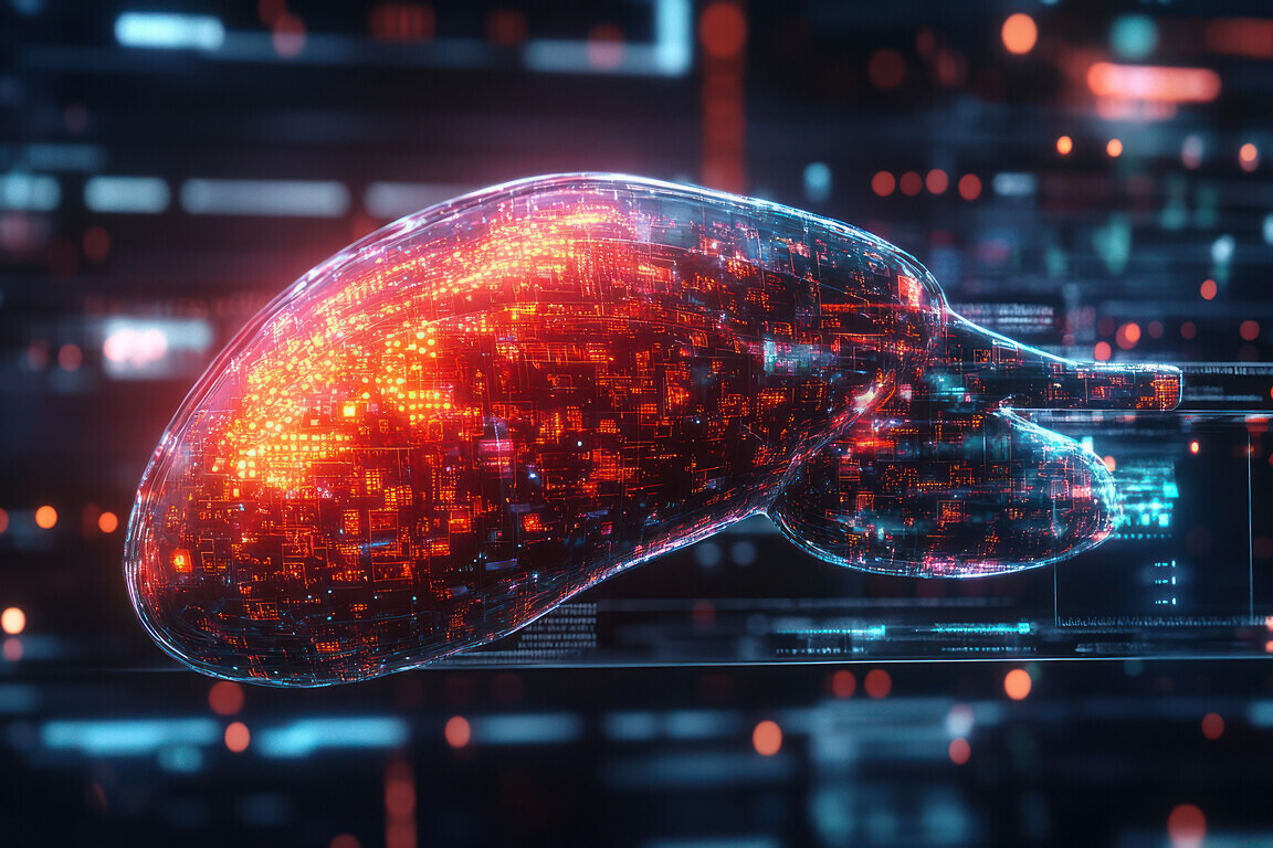 Digital liver model with glowing data streams.