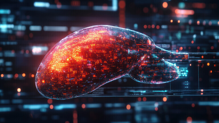 Digital liver model with glowing data streams.