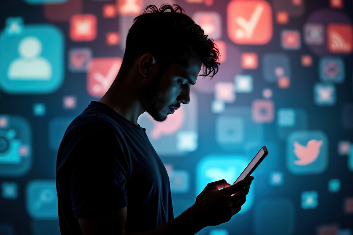 Man looks at smartphone.