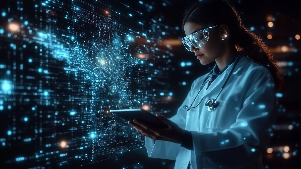 Female doctor using tablet, analyzing digital data, futuristic medical technology.