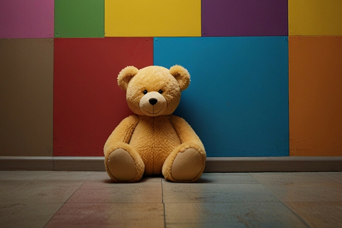 A lonely teddy bear sits against a bright yellow wall, surrounde