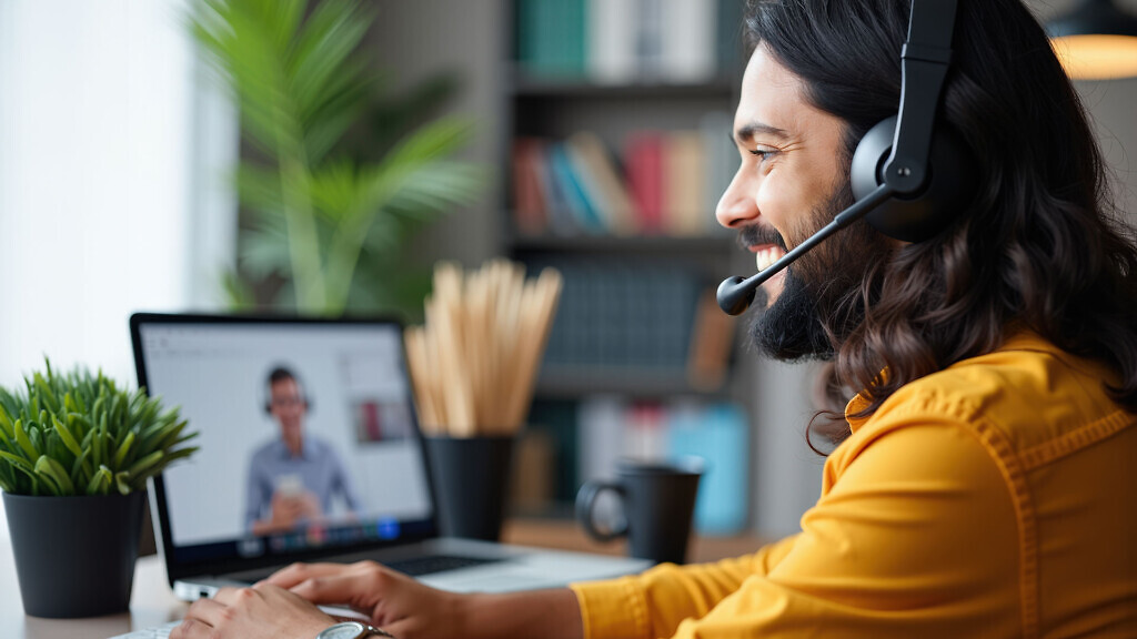 Positive phone assistance worker talking on headset