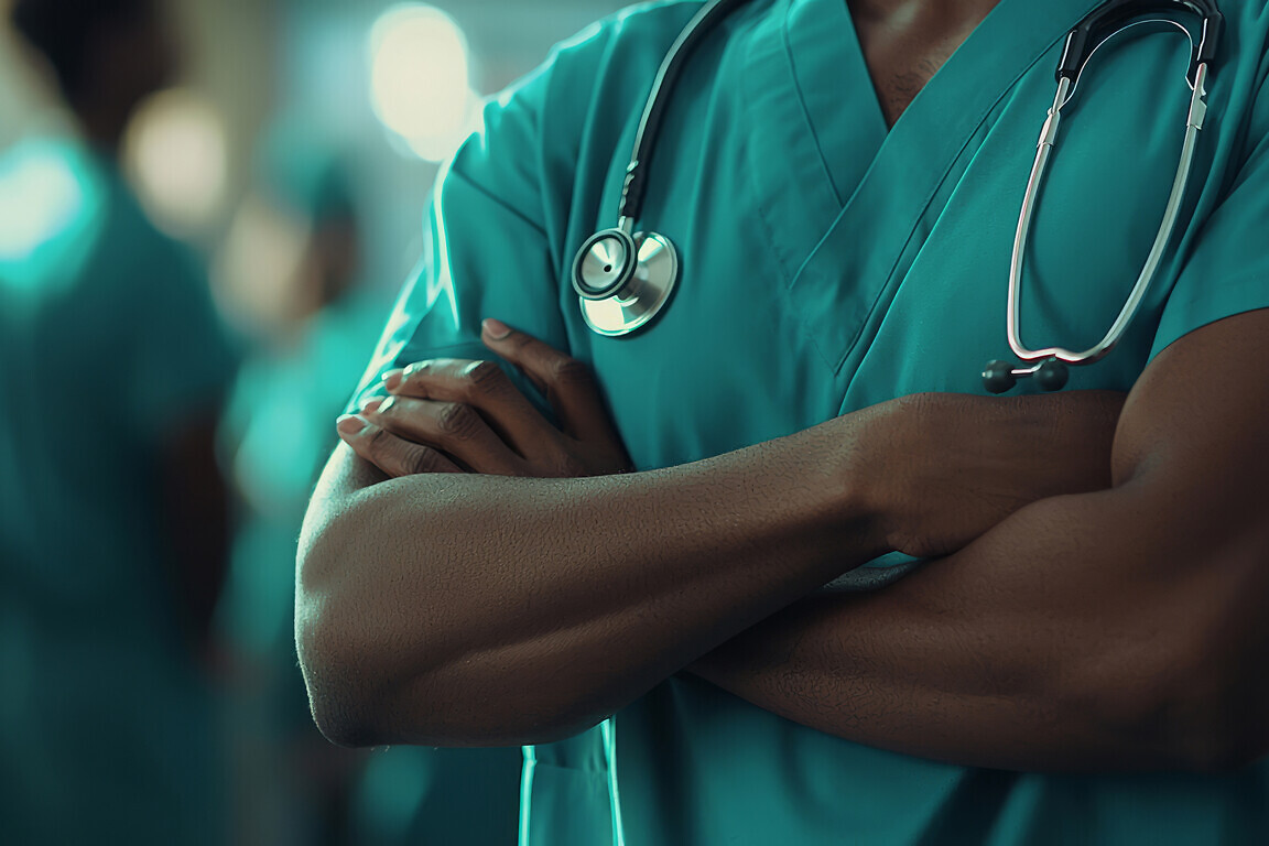 A focused healthcare professional in green scrubs, representing care and competence in medicine.