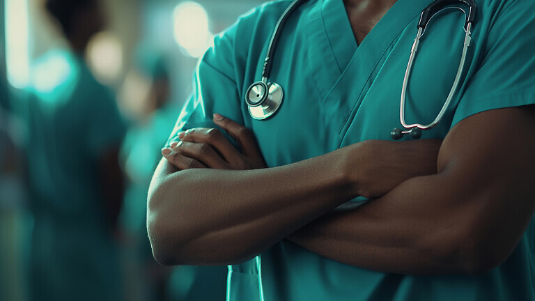 A focused healthcare professional in green scrubs, representing care and competence in medicine.