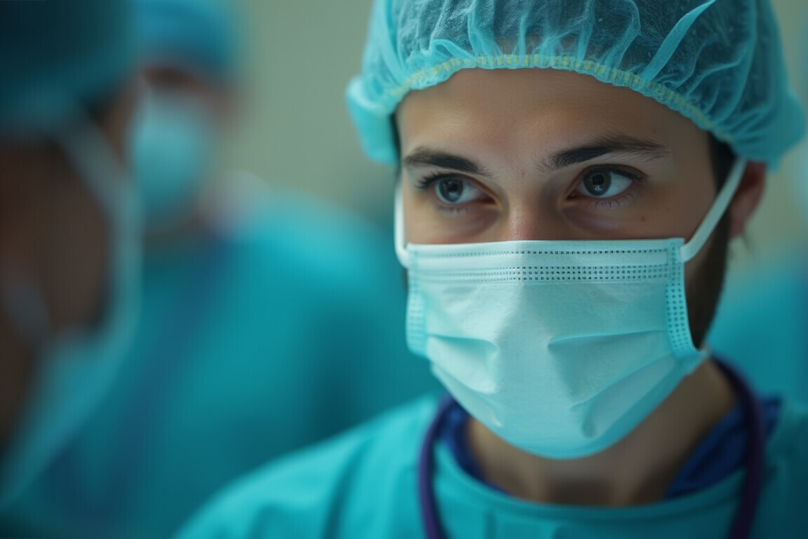 Focused surgeon with mask in operating room