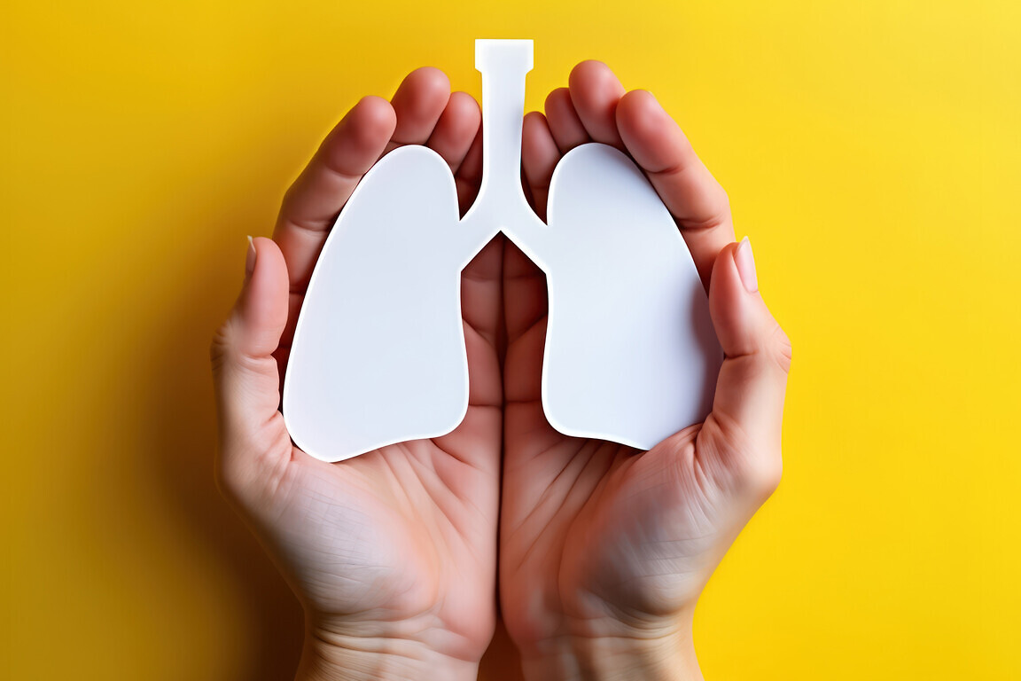 Adult hands hold paper lungs against yellow background.