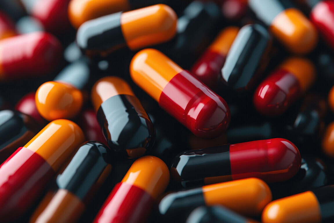 This striking image features a collection of capsules in vibrant