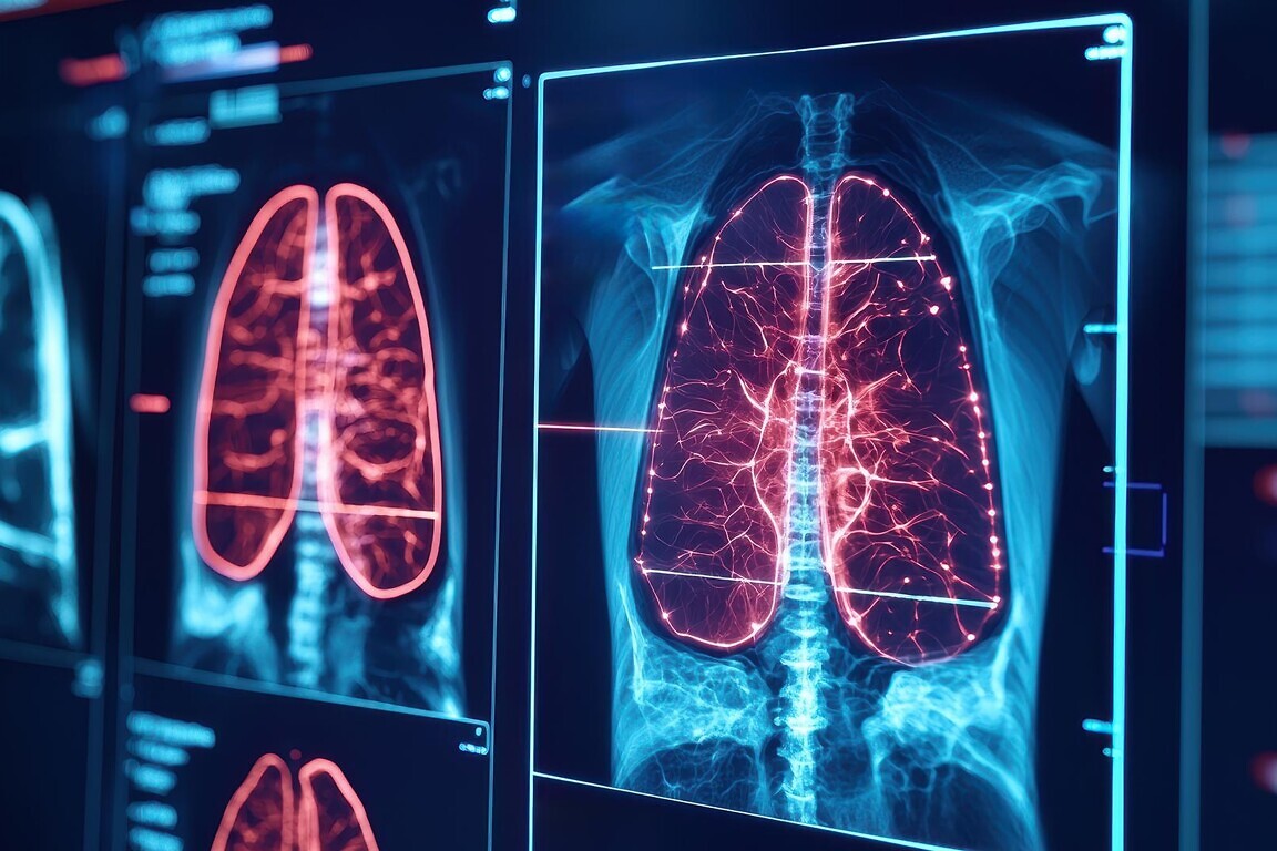 Artificial intelligence in medical detection. Close up of x ray image showing detailed lung structures processed by AI technology, highlighting intricate vascular patterns