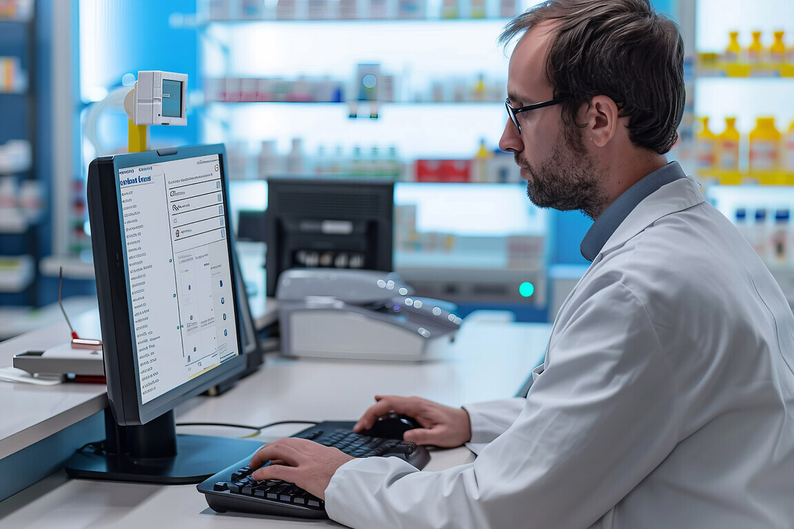 A pharmacist working diligently at a computer, managing prescriptions and providing healthcare advice in a modern pharmacy setting.
