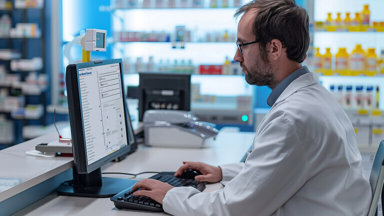 A pharmacist working diligently at a computer, managing prescriptions and providing healthcare advice in a modern pharmacy setting.