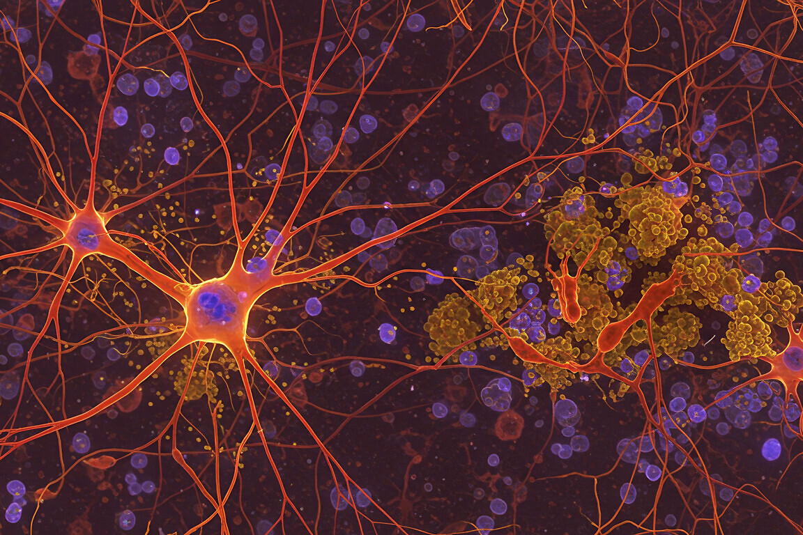 Microscopic view of damaged neurons showing alzheimers related plaques