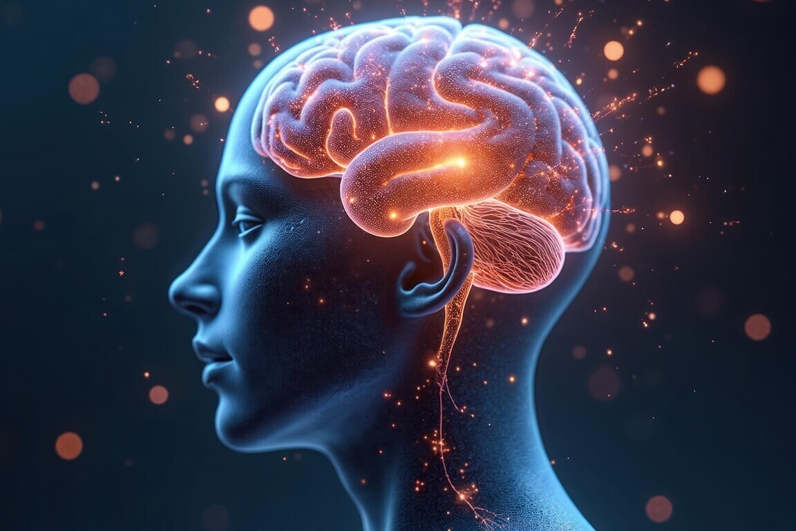 AI generated illustration of human head with glowing brain. Neurons shown. Concept for neurology, neuroscience, mental health, consciousness, deep learning, artificial intelligence tech, innovative