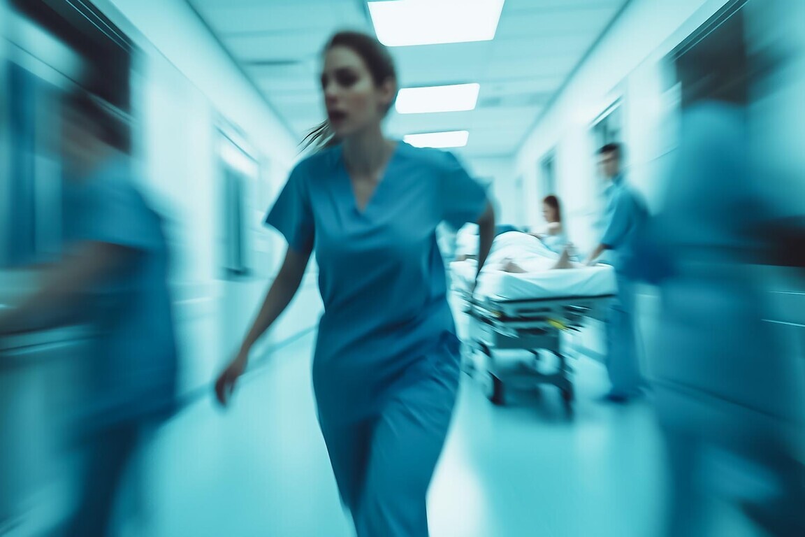 Healthcare professionals are hurriedly moving down a hospital corridor during an emergency situation