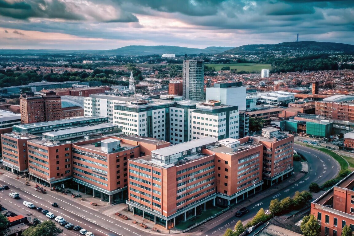 Drone captures Belfast City Hospital's expansive footprint, a vital Northern Ireland healthcare facility.