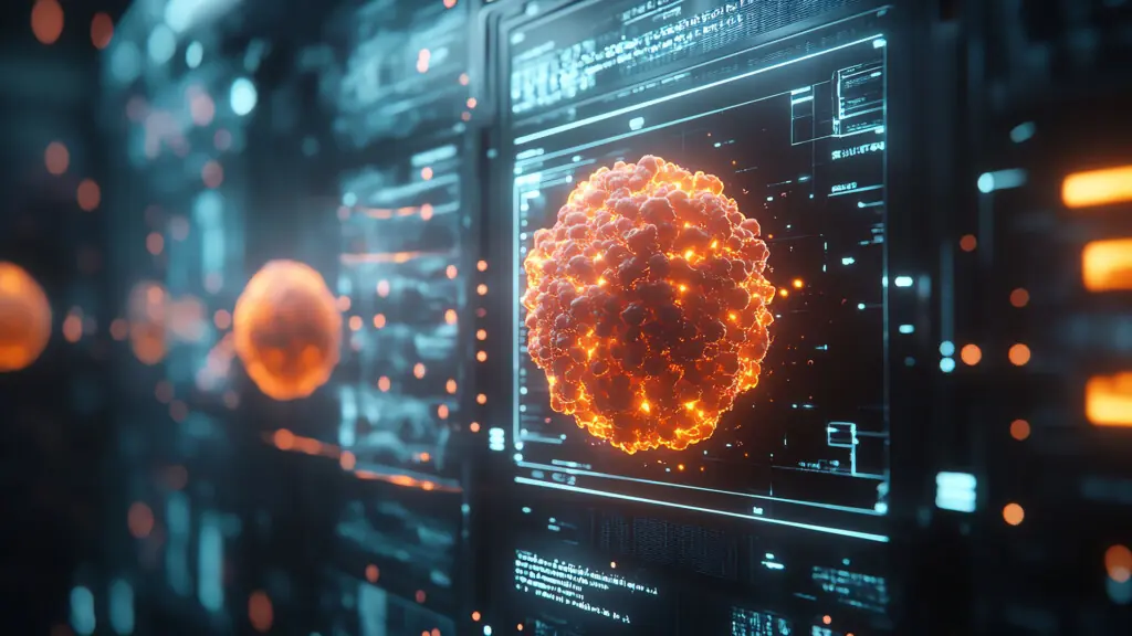 Oncology closeup with bright HUD cancer cell icon.