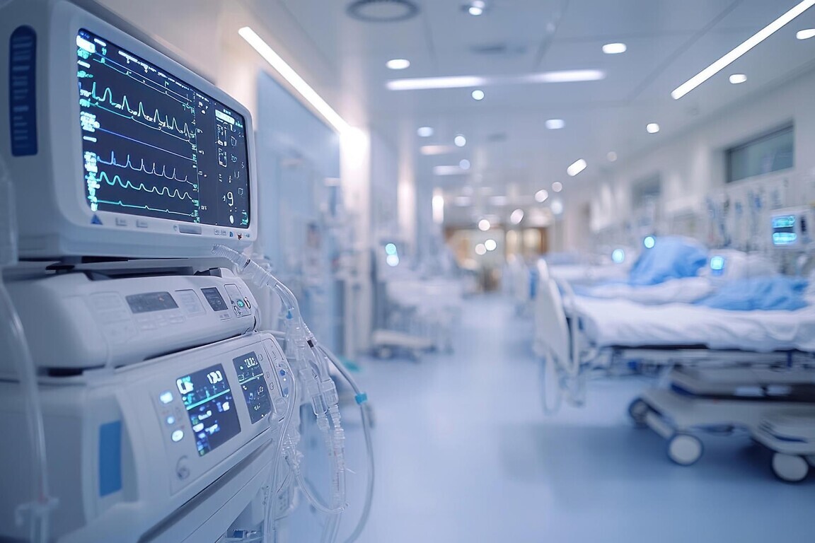 An intensive care unit (ICU) with a critically ill patient connected to ventilators and monitors, under close observation