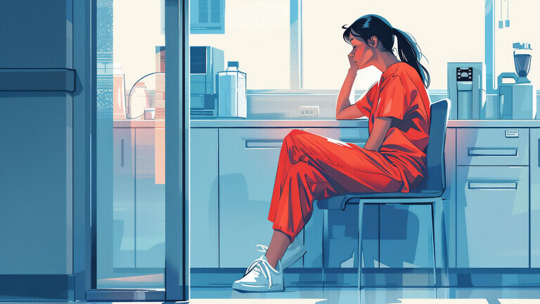 Overworked nurse resting in break room, highlighting burnout and fatigue