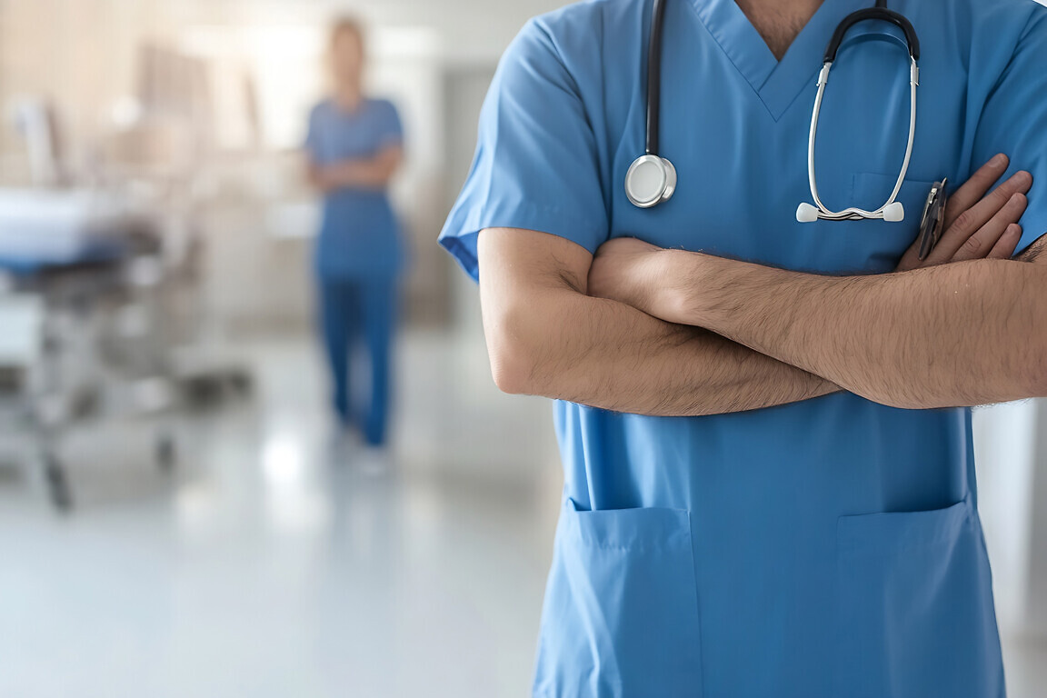 Healthcare professional wearing scrubs with a stethoscope