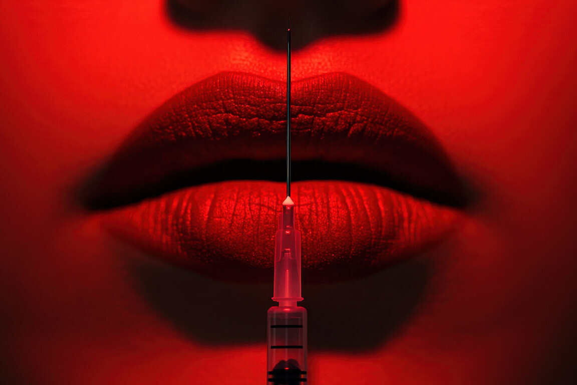 The bright red light and syringe in front of the lips symbolize