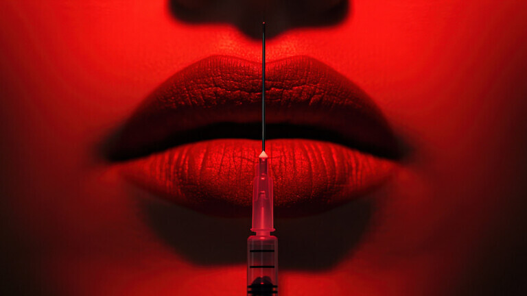 The bright red light and syringe in front of the lips symbolize