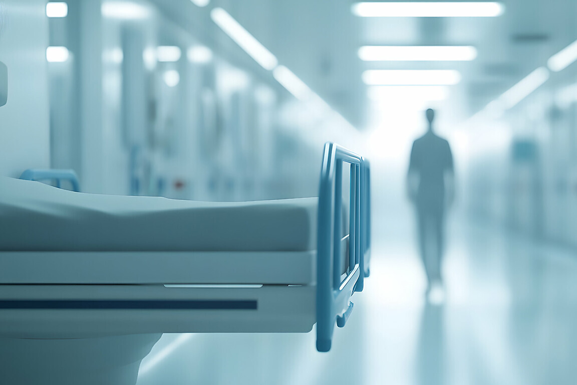 A softly blurred image captures a bright, sterile hospital corridor.