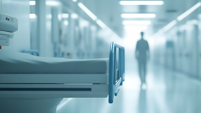 A softly blurred image captures a bright, sterile hospital corridor.