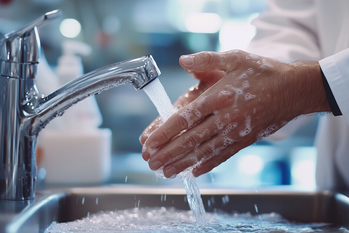 A doctor washing hands under running water.