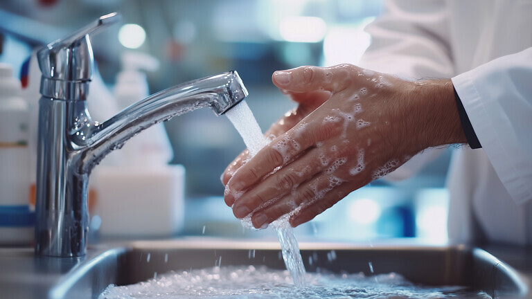 A doctor washing hands under running water.