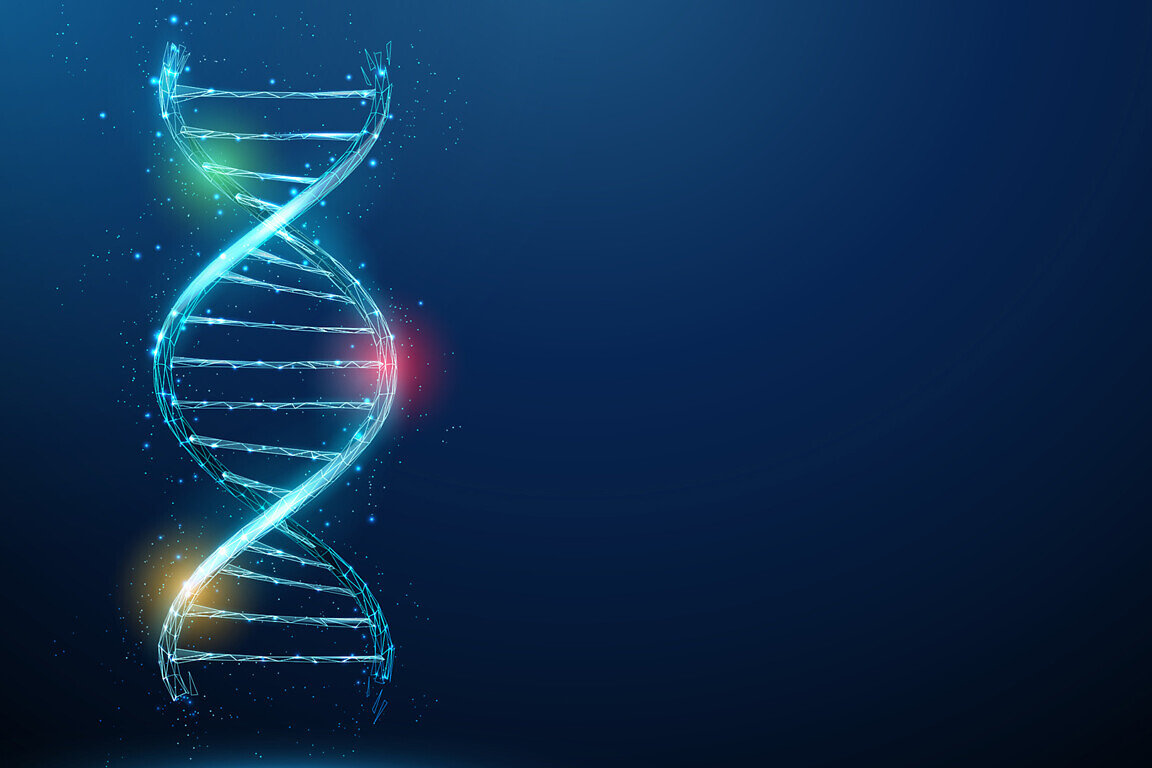 Blue 3d DNA molecule helix with red, yellow and green spots.