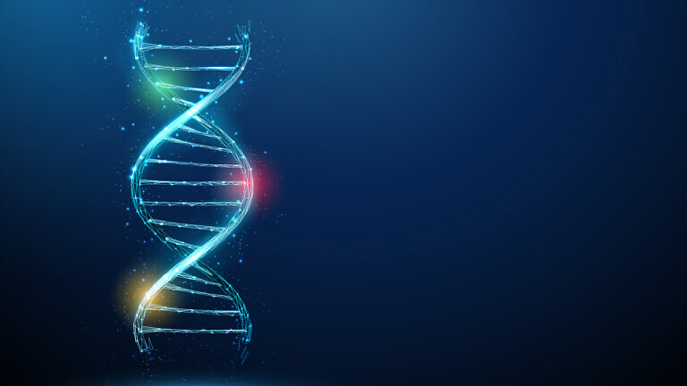 Blue 3d DNA molecule helix with red, yellow and green spots.