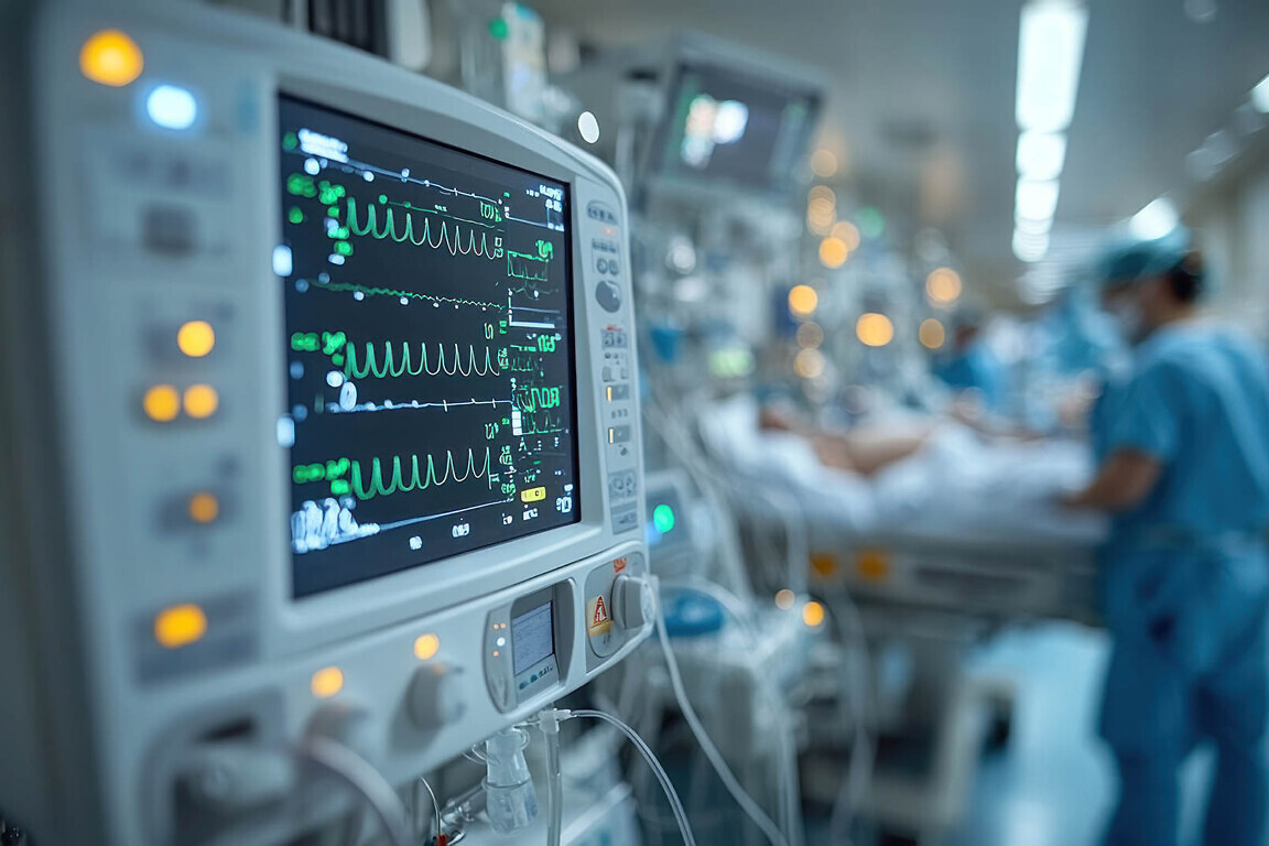 A critically ill patient in the ICU, connected to life-support machines, doctors monitoring his vitals