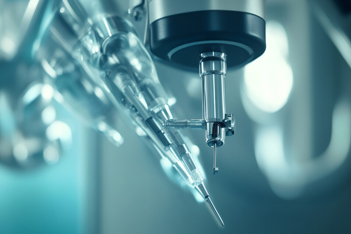 Close up of robotic surgical instruments performing a precise minimally invasive procedure in a modern operating room