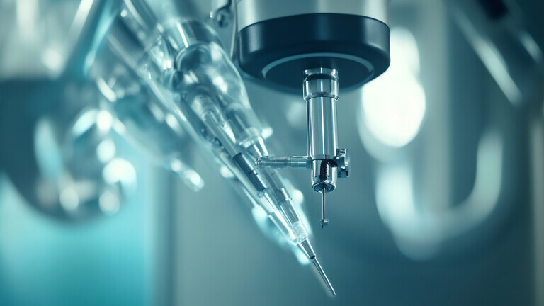 Close up of robotic surgical instruments performing a precise minimally invasive procedure in a modern operating room