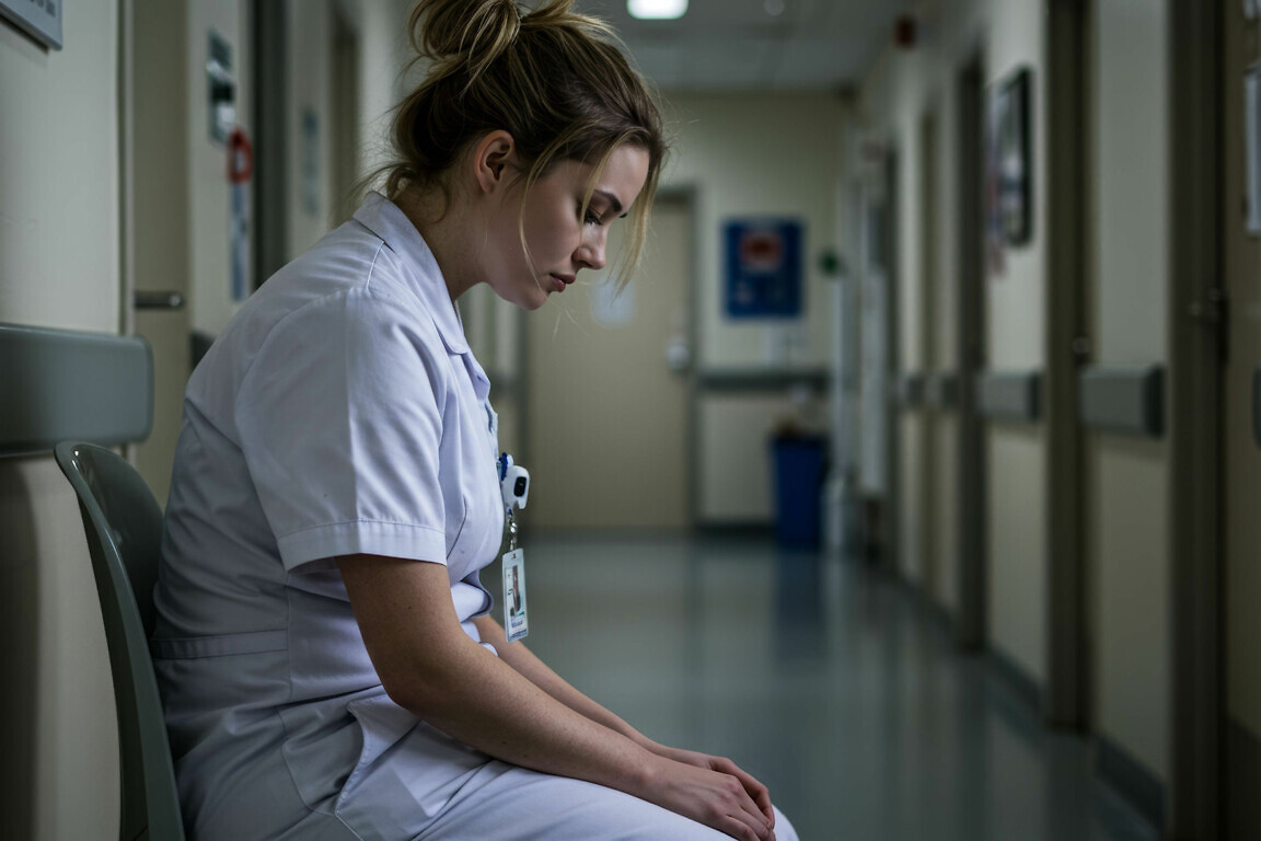 Burnout among healthcare professionals: a weary nurse in a hospital hallway