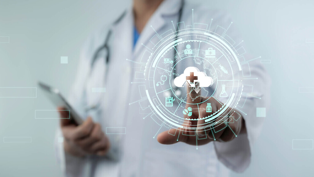 Futuristic cloud interface is accessed by a doctor to illustrate secure health data transfer, cloud-based medical records and modern healthcare technology integration in a smart system