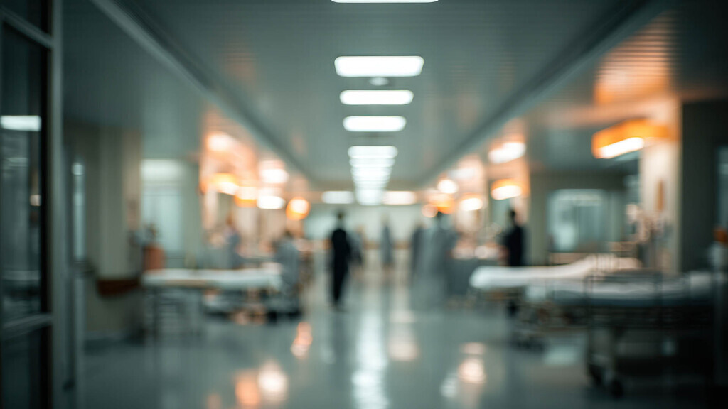 Blurry view of a hospital corridor.