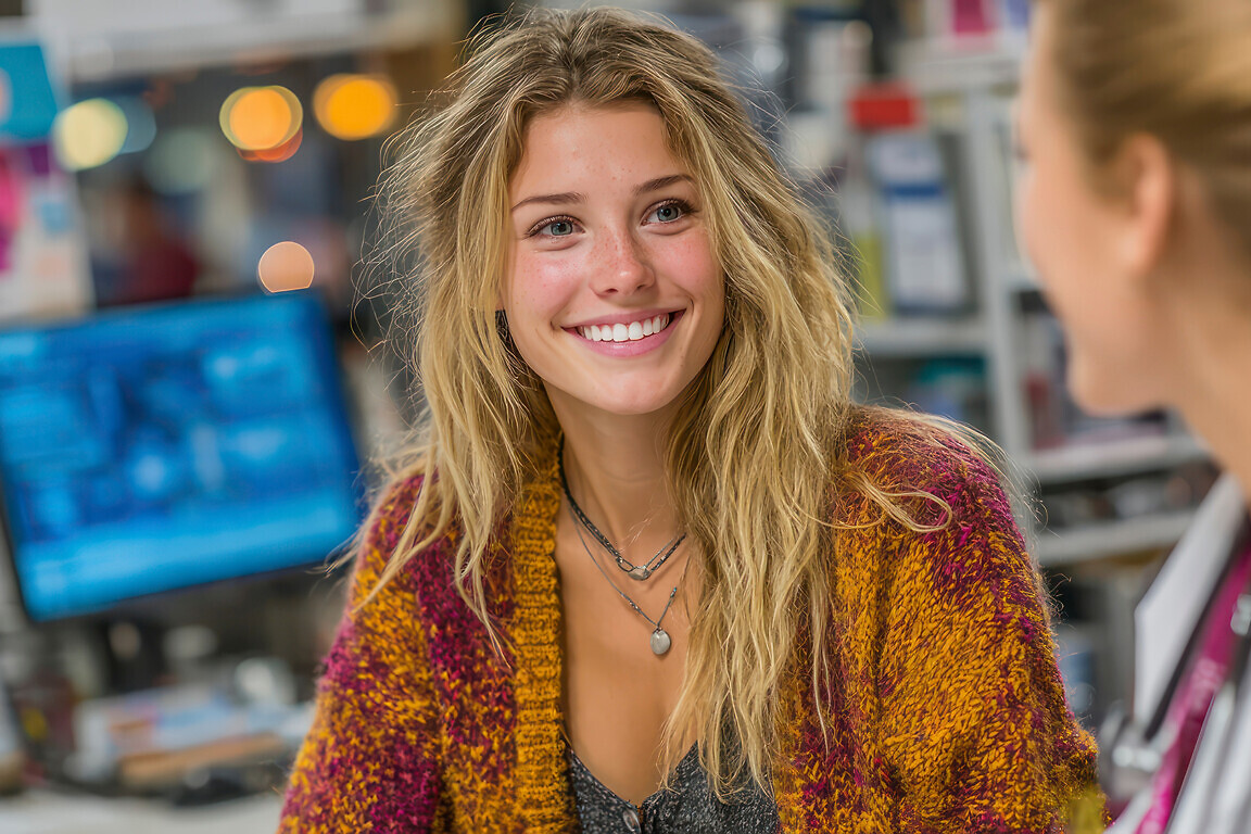 A cheerful young woman smiling during a friendly conversation with a healthcare professional.