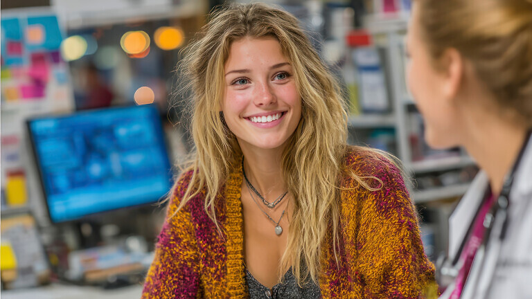 A cheerful young woman smiling during a friendly conversation with a healthcare professional.