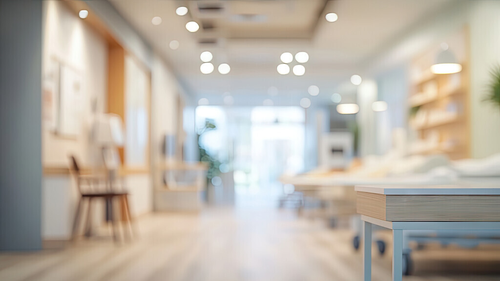 A spacious. modern hospital interior featuring bright overhead l