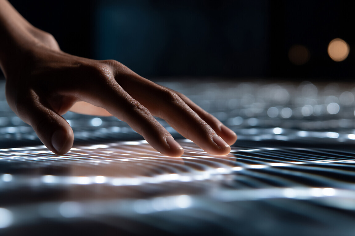 Close-up of a hand hovering over a glowing, interactive surface