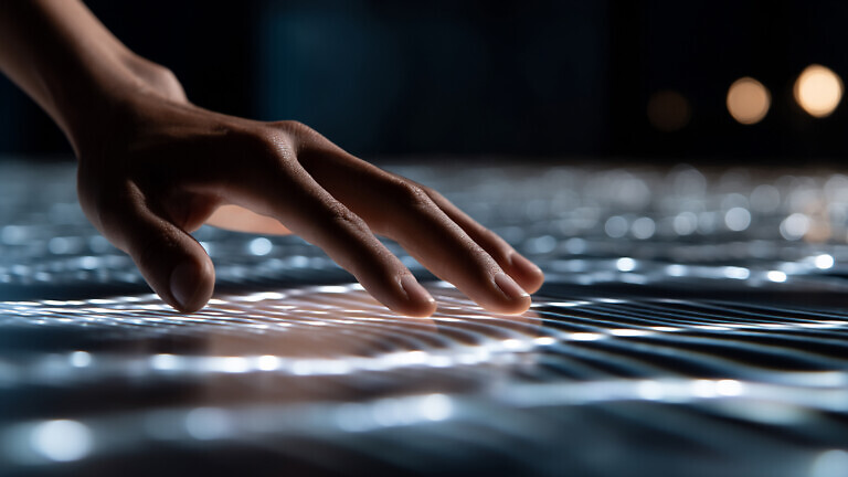 Close-up of a hand hovering over a glowing, interactive surface