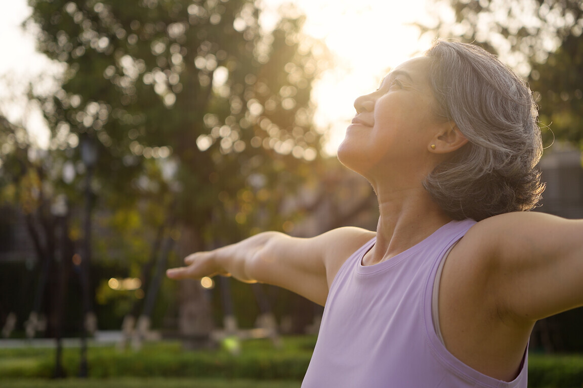 Asia adult aged people middle age mindful happy old woman open a