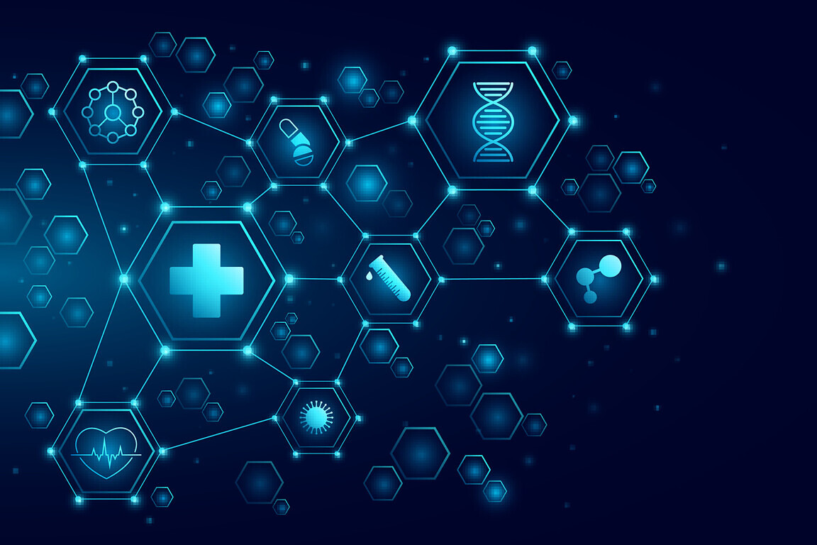 Healthcare icons inside pattern of glowing connected hexagons fo