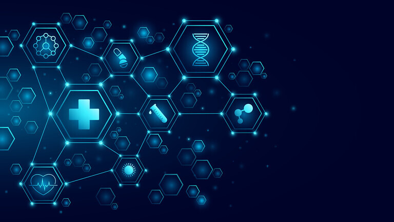 Healthcare icons inside pattern of glowing connected hexagons fo