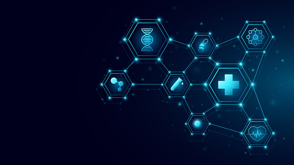 Medical icons inside pattern of glowing connected hexagons for s