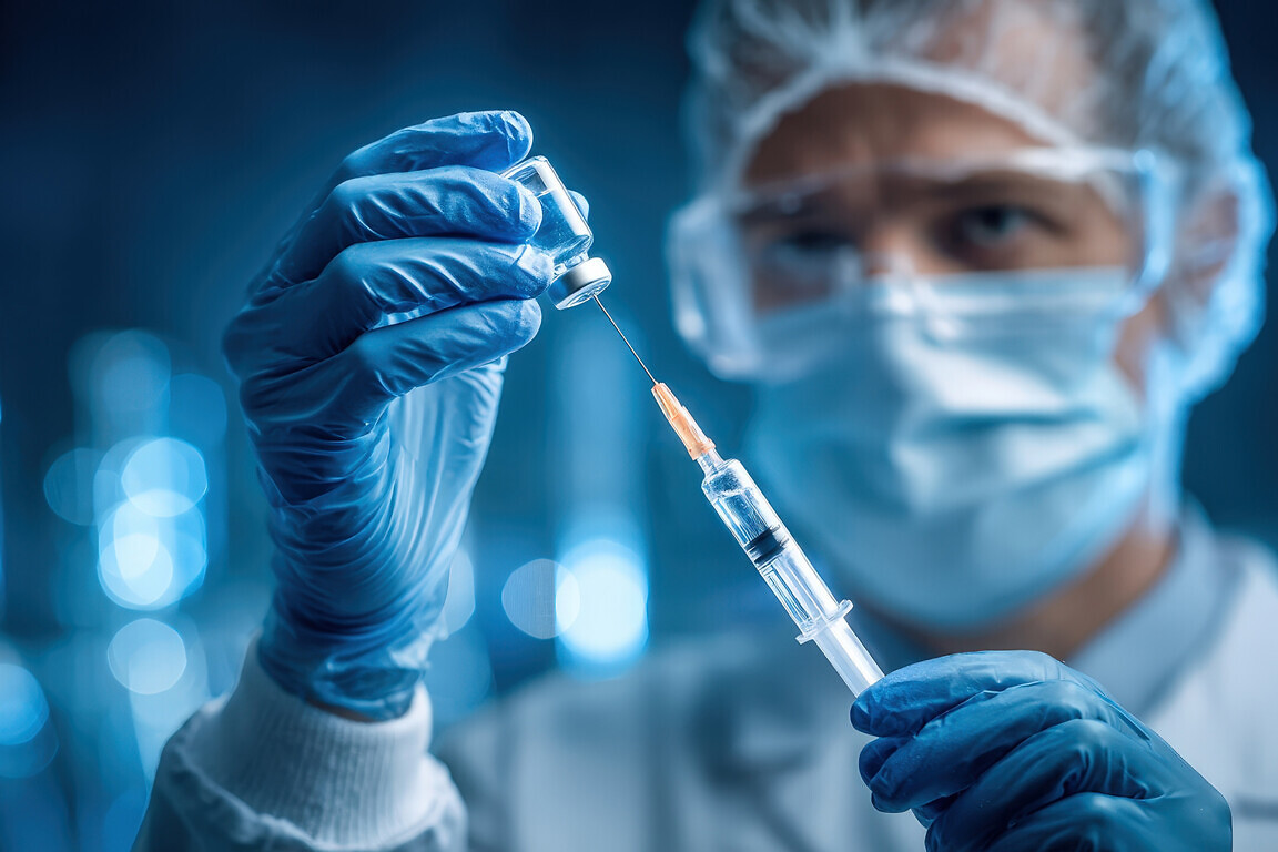 A healthcare professional in a laboratory examines a vial of vaccine while holding a syringe.