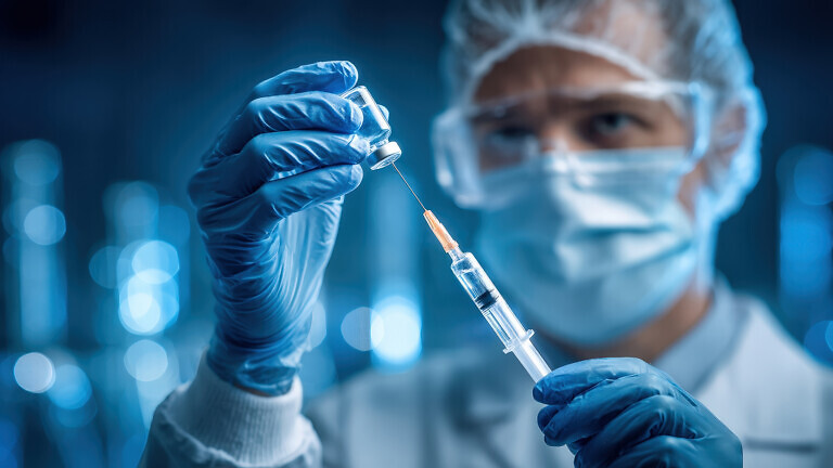 A healthcare professional in a laboratory examines a vial of vaccine while holding a syringe.