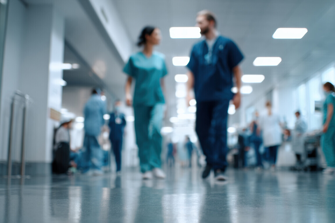 Busy hospital interior with healthcare professionals