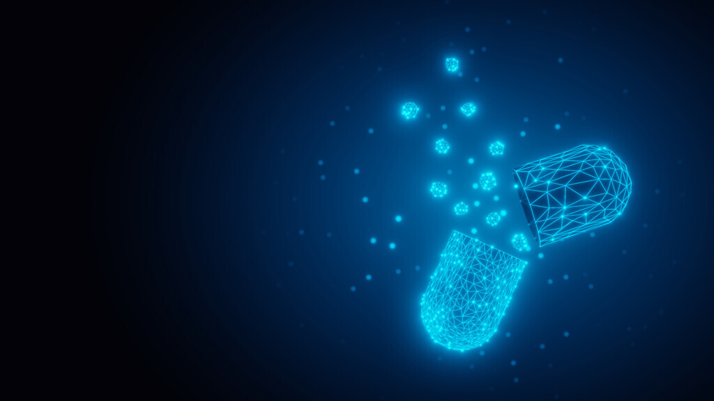 Blue glowing low-poly wireframe pill capsule on black background